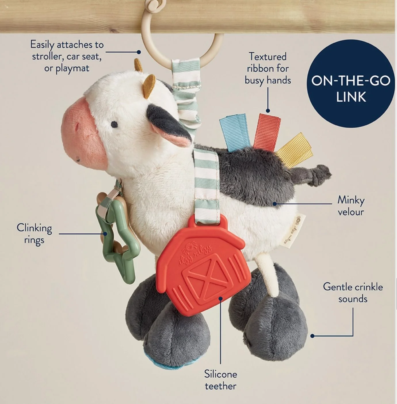 Itzy Ritzy - Link & Love Activity Plush with Teether Toy (Cow) - Image 2